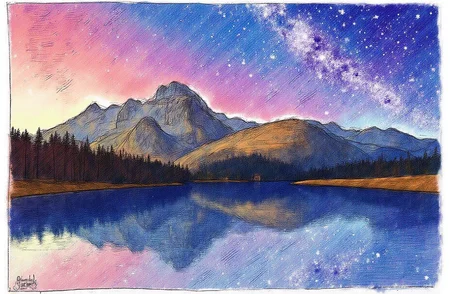 Sharp image of a rough sketch, rendered in vibrant multi colour ballpoint pen, capturing the adorable features of a beautiful landscape of a mountain range at night. The sky is filled with stars and the milky way is visible in the top right corner. The colors of the sky are predominantly pink, purple, and blue, with hints of green and yellow. The mountains are reflected in the still waters of a lake, creating a mirror-like effect. The lake is surrounded by trees and hills, and the mountains are silhouetted against the night sky. The overall mood of the image is peaceful and serene.  p3nsk, <lora:p3nsk:1>