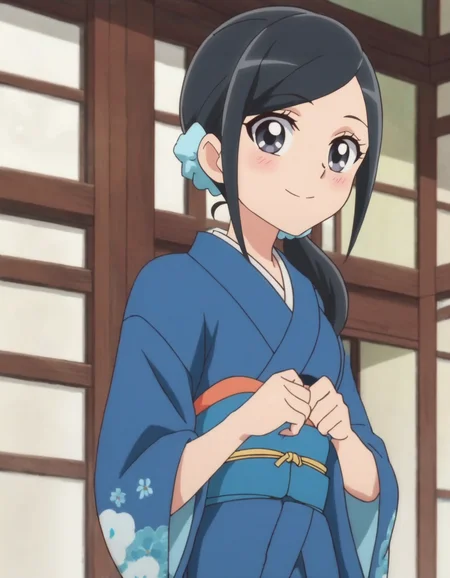 score_9, score_8_up, score_7_up, anime screencap, solo,1girl,sawaizumichiyu, japanese clothes, kimono, blue scrunchie, hair ornament, looking at viewer, blue kimono,smile,blush,cowboy shot,medium breasts,<lora:sawaizumichiyu:0.8>