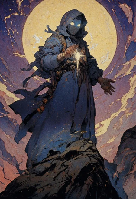 A hooded figure stands atop a jagged rock, their flowing dark blue cloak billowing in the wind. Their glowing white eyes pierce through the darkness, hidden beneath the deep shadows of their hood, focused on an unseen power. The sky churns like a cosmic storm, swirling from a deep, dark purple at the bottom to glowing gold at the top. The hooded figure extends both hands forward, their cloak rippling as energy and wind crackles around them. The rocky formations are detailed, textured, and rugged, creating a stark contrast with the smooth, almost liquid-like fabric of the cloak. The overall mood is surreal, melancholic, and otherworldly, with deep shadows and cool, muted color tones emphasizing mystery and cosmic power. The figures face is covered in shadow.