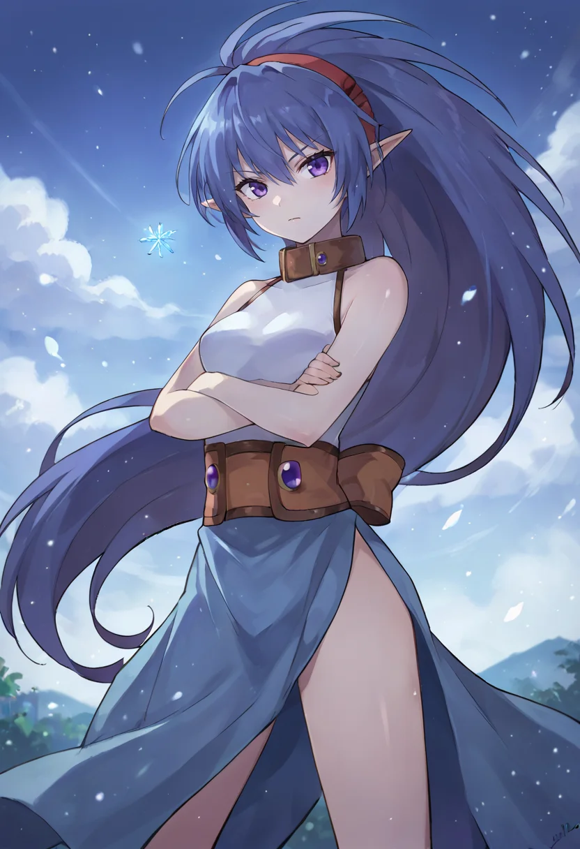 score_9,score_8_up,score_7_up,anime coloring BREAK source_anime,anime,<lora:Celsius_Tales_of_Eternia:0.8>,celsiuse,1girl,solo,blue hair,long hair,very long hair,ponytail,purple eyes,pointy ears,colored skin,hairband,sleeveless,collar,dress,side slit,crossed arms,looking at viewer,outdoors,Glacial Valley,Polar Night,