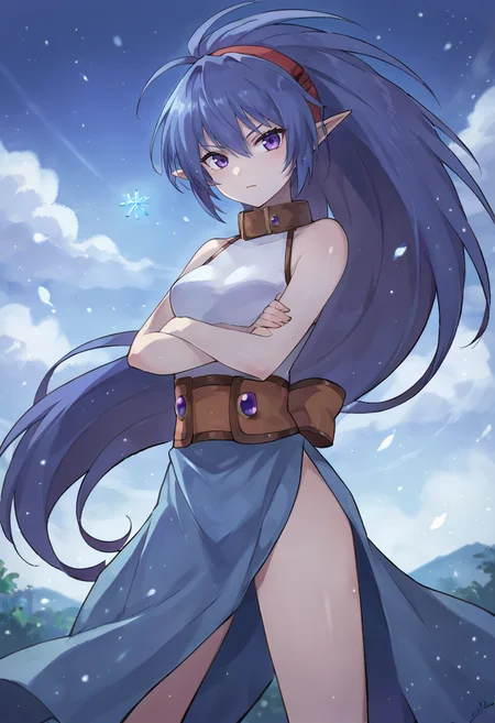 score_9,score_8_up,score_7_up,anime coloring BREAK source_anime,anime,<lora:Celsius_Tales_of_Eternia:0.8>,celsiuse,1girl,solo,blue hair,long hair,very long hair,ponytail,purple eyes,pointy ears,colored skin,hairband,sleeveless,collar,dress,side slit,crossed arms,looking at viewer,outdoors,Glacial Valley,Polar Night,