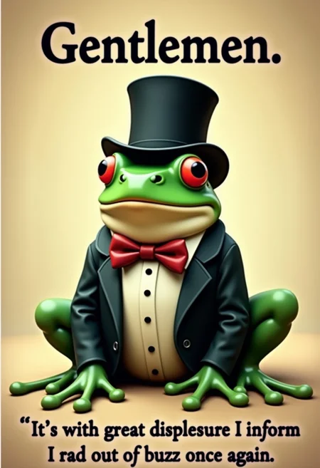 A frog wearing a bowtie, a top hat, a suit, sitting on a flat surface, sepia gradient background, the top text says "Gentlemen,", the bottom text says "It's with great displeasure I inform I ran out of buzz once again"
