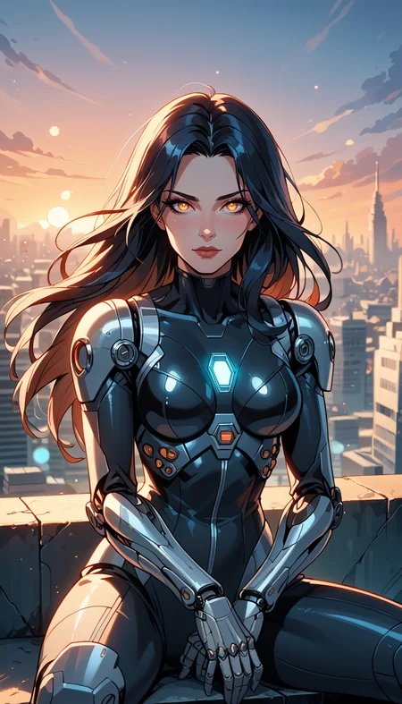 score_9, score_8_up, score_7_up, (Western Comics), android girl, cute, seductive, innocent, mechanical arms, dark mood, dystopia, glowing, looking at viewer, sitting, long hair, floating hair, bokeh (hyperdetailed:1.15), detailed, moonlight passing through hair, (sunrise), (distopian futuristic city beautiful background), (Portrait photo), (depth of field), (dynamic angle), (ultra detailed, high quality texture), (sharp), (artistic image)