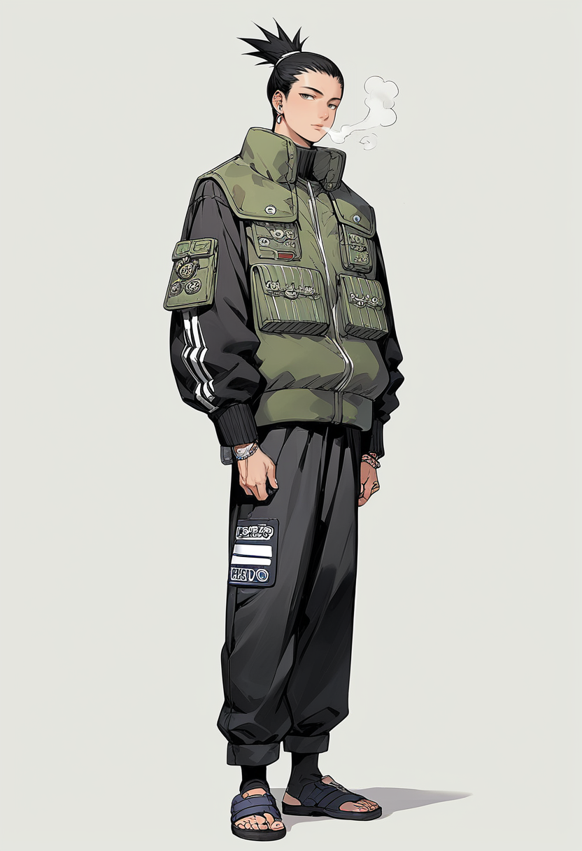 score_9,score_8_up,score_7_up,score_6_up,masterpiece, full body, 1boy, Shikamaru as a konoha shinobi, fashion icon,  ikea breath, ilya yana, kyoto studio anime, murfoe
<lora:Shikamaru:0.8> <lora:add-detail-xl:1>
