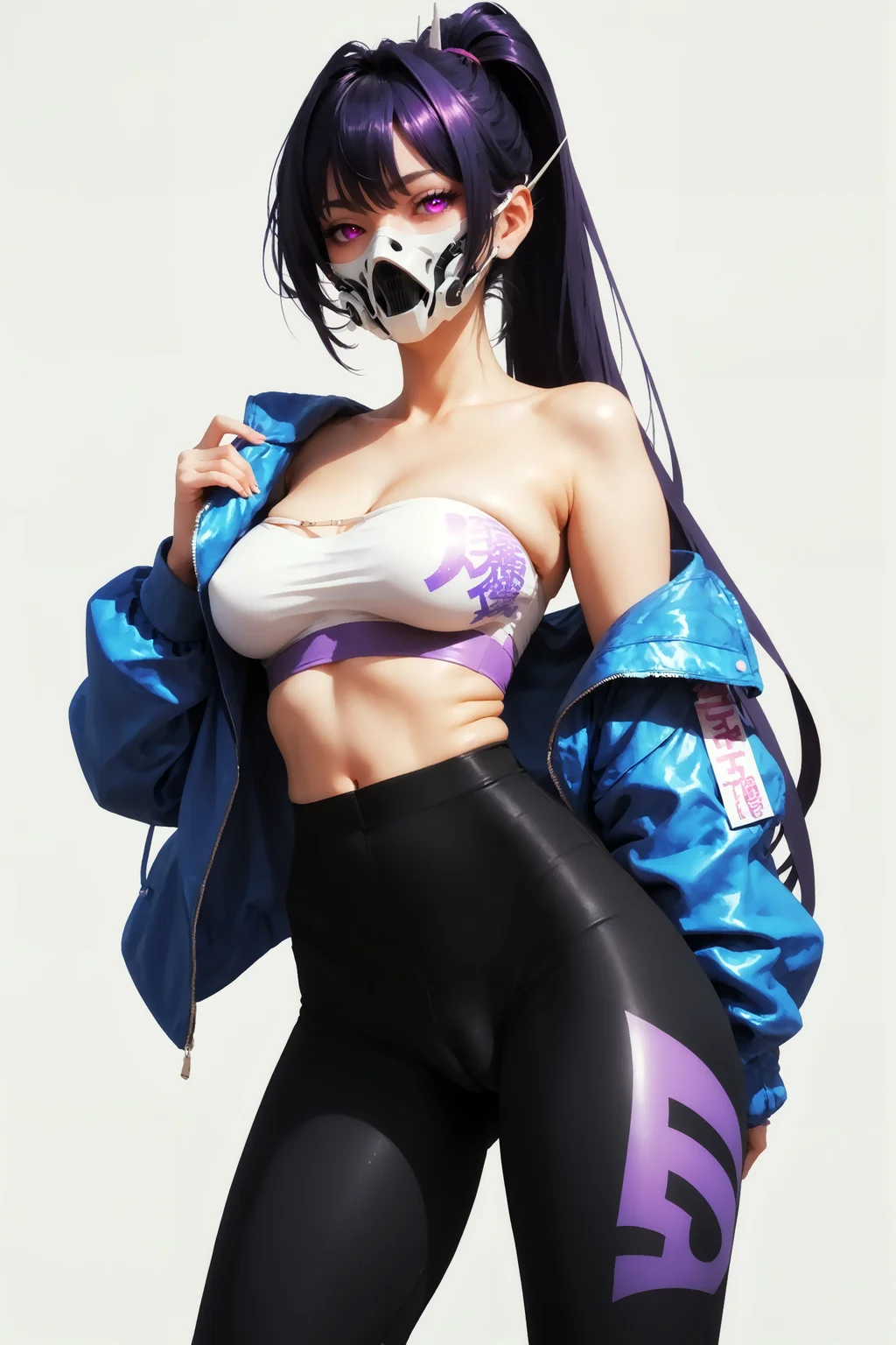 score_9, score_8_up, score_7_up, 1girl, imtdsin, mask, long hair, purple eyes, ponytail, yoga pants, tight pants, black pants, strapless, open jacket, bangs, cameltoe, rating_questionable.