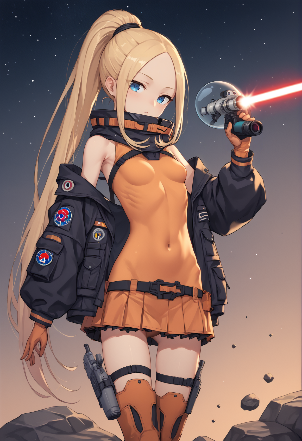 1girl, blonde hair, long hair, blue eyes, forehead, sidelocks, parted bangs, ponytail, spacesuit, high collar, black jacket, sleeveless, orange bodysuit, coverted navel, thigh boots, holding laser gun, pouches, outdoors, space, alien planet, rocks, <lora:abby_xl:1> small breasts, skirt, belt, score_9, score_8_up, score_7_up, score_6_up, score_5_up, score_4_up, BREAK source_anime, masterpiece