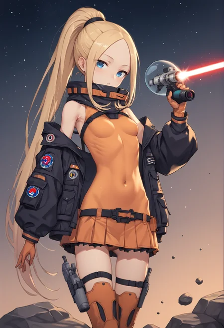 1girl, blonde hair, long hair, blue eyes, forehead, sidelocks, parted bangs, ponytail, spacesuit, high collar, black jacket, sleeveless, orange bodysuit, coverted navel, thigh boots, holding laser gun, pouches, outdoors, space, alien planet, rocks, <lora:abby_xl:1> small breasts, skirt, belt, score_9, score_8_up, score_7_up, score_6_up, score_5_up, score_4_up, BREAK source_anime, masterpiece