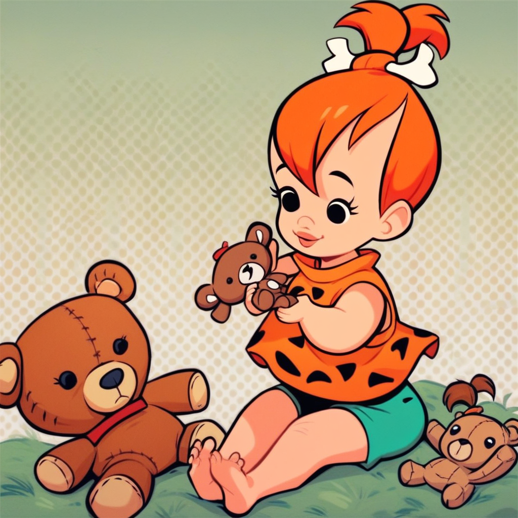 score_8, score_9, pebbles, orange hair, ponytail, black eyes, shorts, teddy bear