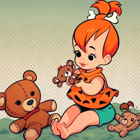 score_8, score_9, pebbles, orange hair, ponytail, black eyes, shorts, teddy bear