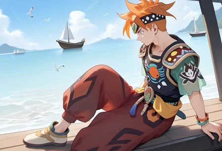 score_9, score_8_up, score_7_up, 1boy, spiky orange hair, pauldrons with faces, jeweled headband, print shirt, green sleeves, bracelets, belt with dangling straps, red baggy pants, shoes, ((solo)), boat backdrop, ocean, seagulls,