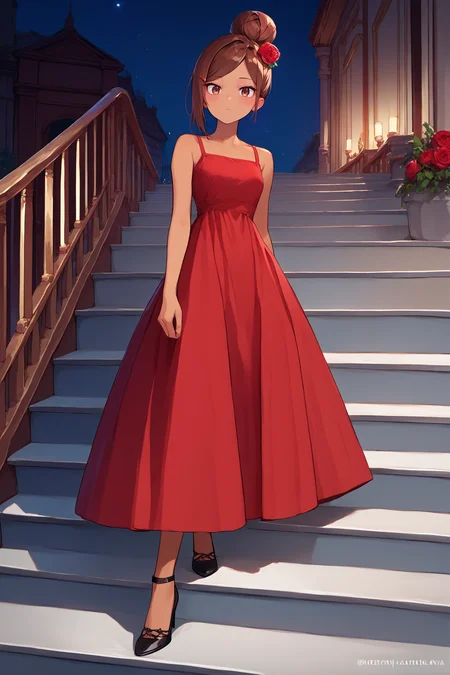 score_9, score_8_up, score_7_up, score_6_up, source_anime, 1girl, solo, <lora:ueharaayaka-pdxl-nvwls-v1-000006:1> ueaya, brown hair, hair bun, tan, hairclip, red dress, long dress, rose in hair, hair flower, looking at you, blush, night, stairs, mansion, high heels
