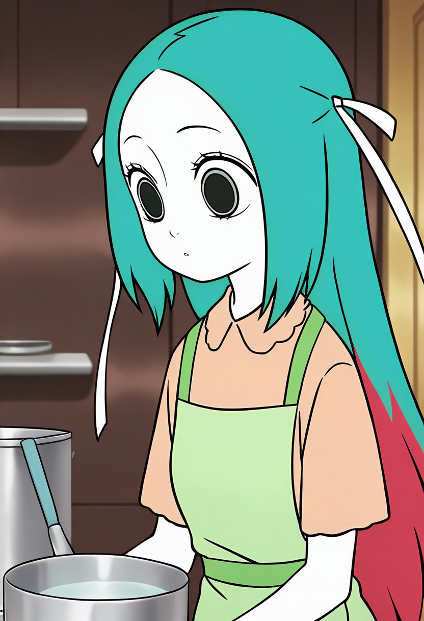 <lora:jingwei:1>,jingwei,1girl,solo,long hair,multicolored hair,red hair,green hair,hair ribbon,white ribbon,black_pulpil,white skin,
 green apron, shirt,, masterpiece,best quality,amazing quality,absurdres, anime screenshot,