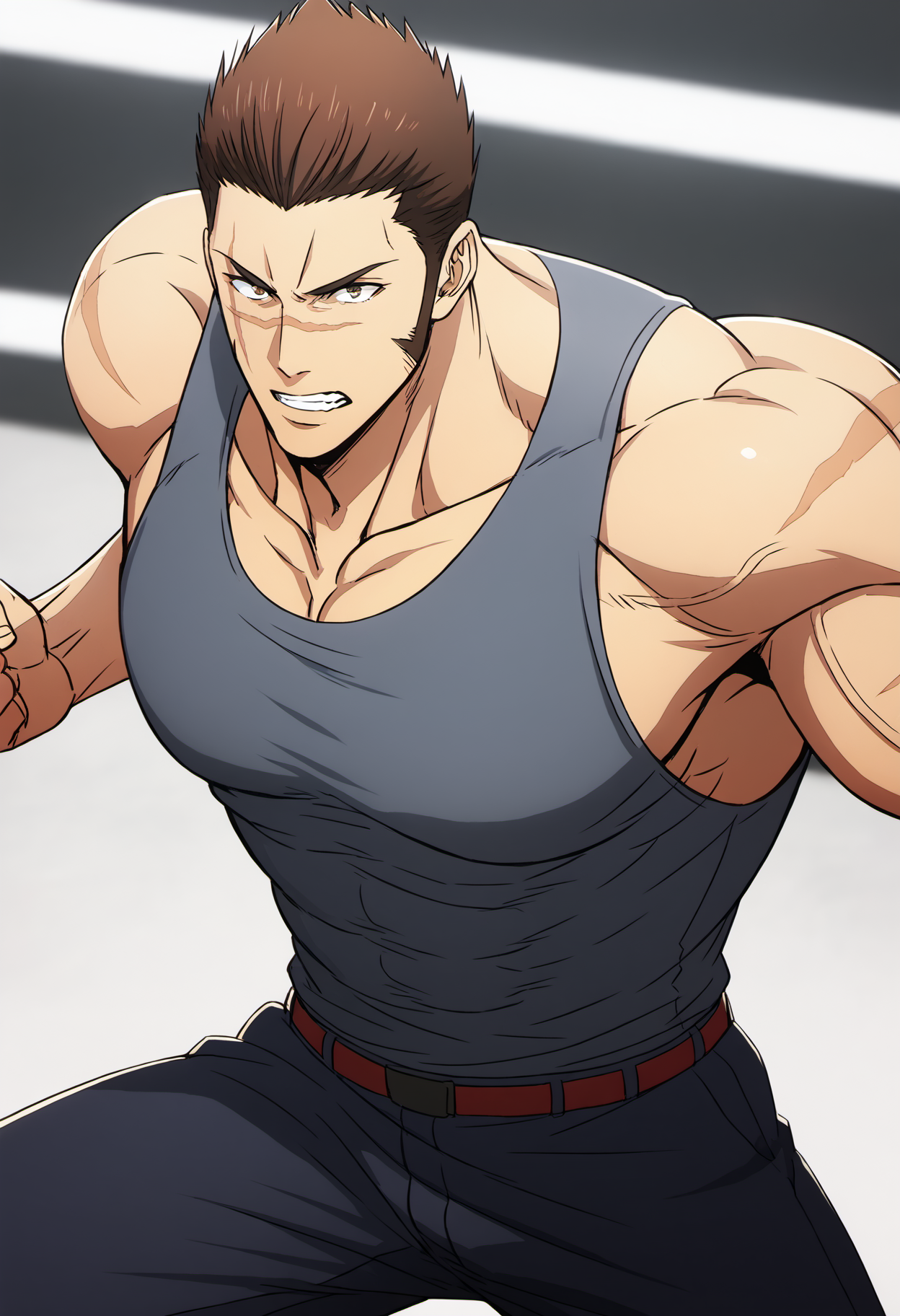 1boy, kenzotanaka_sololeveling, short hair, brown hair, (brown eyes), sharp hair,sideburns , scar on face, gray tanktop, pants, Middle Ages, score_7_up, score_6_up, score_8_up, score_9_up, manly, muscular, (stocky body), (big muscle), big arms, abs, looking at viewer, ((detailed eyes)), face_focus, first-person perspective, pov, 8k uhd, high quality, (veiny arms),  a muscular man in large empty gym,   running, big pectorals, armpit, open arms, fight pose, cinematic angle, 