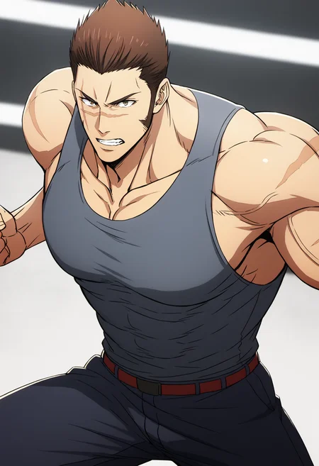 1boy, kenzotanaka_sololeveling, short hair, brown hair, (brown eyes), sharp hair,sideburns , scar on face, gray tanktop, pants, Middle Ages, score_7_up, score_6_up, score_8_up, score_9_up, manly, muscular, (stocky body), (big muscle), big arms, abs, looking at viewer, ((detailed eyes)), face_focus, first-person perspective, pov, 8k uhd, high quality, (veiny arms),  a muscular man in large empty gym,   running, big pectorals, armpit, open arms, fight pose, cinematic angle, 