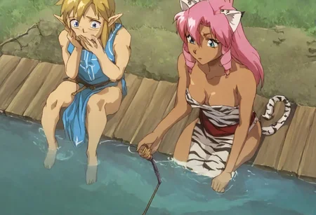 Pink_DragonPink, 1girl, sleeveless dress, white tiger print dress, pelvic curtain, cleavage, white tiger tail, red sash, small breasts, leather shoes, masterpiece, very aesthetic, <lora:pink-illustrious:1>, 
Break
(anime, anime coloring:1.3),1boy,Anime screencap,link (zelda),blonde hair,blue eyes,pointy ears, wearing blue hyilian tunic,
Break
Hyrule field, sunny day, on a lake, sitting at the end of a dock, link (zelda) and Pink_dragonpink fishing at a lake, holding fishing poles, pink_dragonpink pulling up a massive fish from the lake with her fishing pole, link looking at pink in amazement,