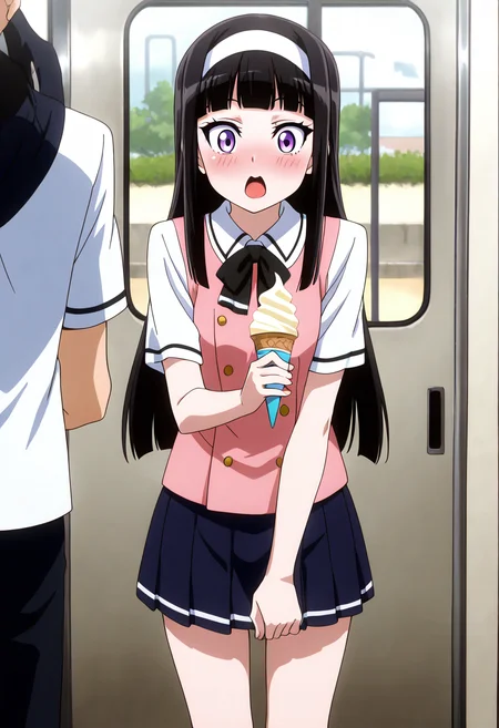 masterpiece, best quality, 1girl, solo, eyelashes, (beautiful eyes), zzMidori, black hair, long hair, purple eyes, surprised, blush, open mouth, school uniform, ice cream, vanilla, awe, looking at ice cream, imminent dessert, ,<lora:SuzuMidori_KanojoX3_IXL_v1:1.0>,