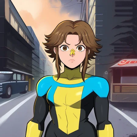 <lora:Catherine_Portillo_-_Until_Then:1>Cathy,1girl, upper body,brown hair,brown eyes,bandaid on nose, Invinciblemcyellow,full bodysuit, color blocking, ,skintight suit, yellow torso colored suit, yellow blue and black suit, black colored lower body suit, blue collar suit, yellow fingerless gloves,
,urban area, truck background,