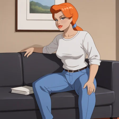 <lora:poisonivybtas_pony_v1:.8>PoisonIvyTiedHair, 1girl, solo,  blue pants, red lips, ponytail, shirt, mature female, orange hair, makeup, medium breasts, lipstick
