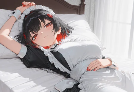masterpiece, best quality, amazing quality, virtual youtuber, 1girl, solo, red eyes, black hair, maid headdress, lying, maid, colored inner hair, short sleeves, looking at viewer, mole under eye, multicolored hair, red nails, dress, red hair, on back, black dress, mole, apron, breasts, nail polish, short hair, closed mouth, puffy short sleeves, wrist cuffs, puffy sleeves, blush, maid apron, hair ornament, arm up, two-tone hair, white apron, frills, kaedeko, void0sty