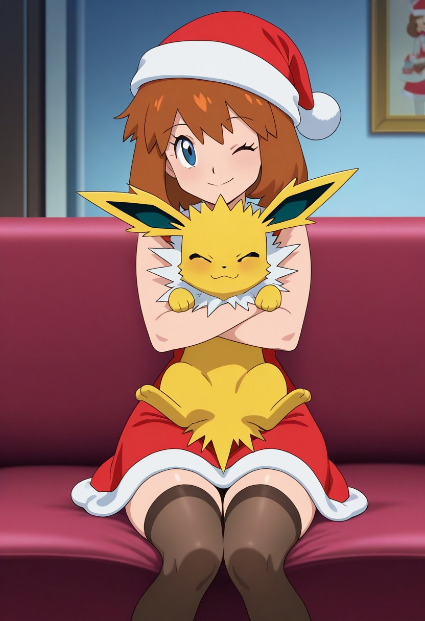 pokemon \(classic anime\), anime screencap, 
best quality, masterpiece, amazing quality, very aesthetic, absurdres, 
pmandgal, 1girl, 1poke, hugging, human female, male jolteon, brown hair, peace sign, smile, one eye closed, looking at viewer, red dress, santa hat, christmas, stockings, 
indoors, sitting, sofa