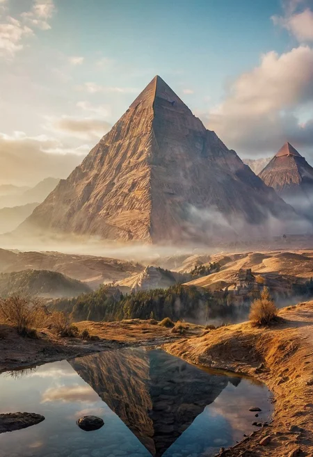 their peaks veiled in mist. mixed media, surrealism, great lighting, A surreal landscape highly detailed . extremely high-resolution details, appears trapped in an optical illusion of reflections and refractions colorful , great pyramids build on ountains, professional photography, natural lighting, volumetric lighting maximalist. intricately detailed, complex, elegant, expansive, fantastical, film photography style, medium grain