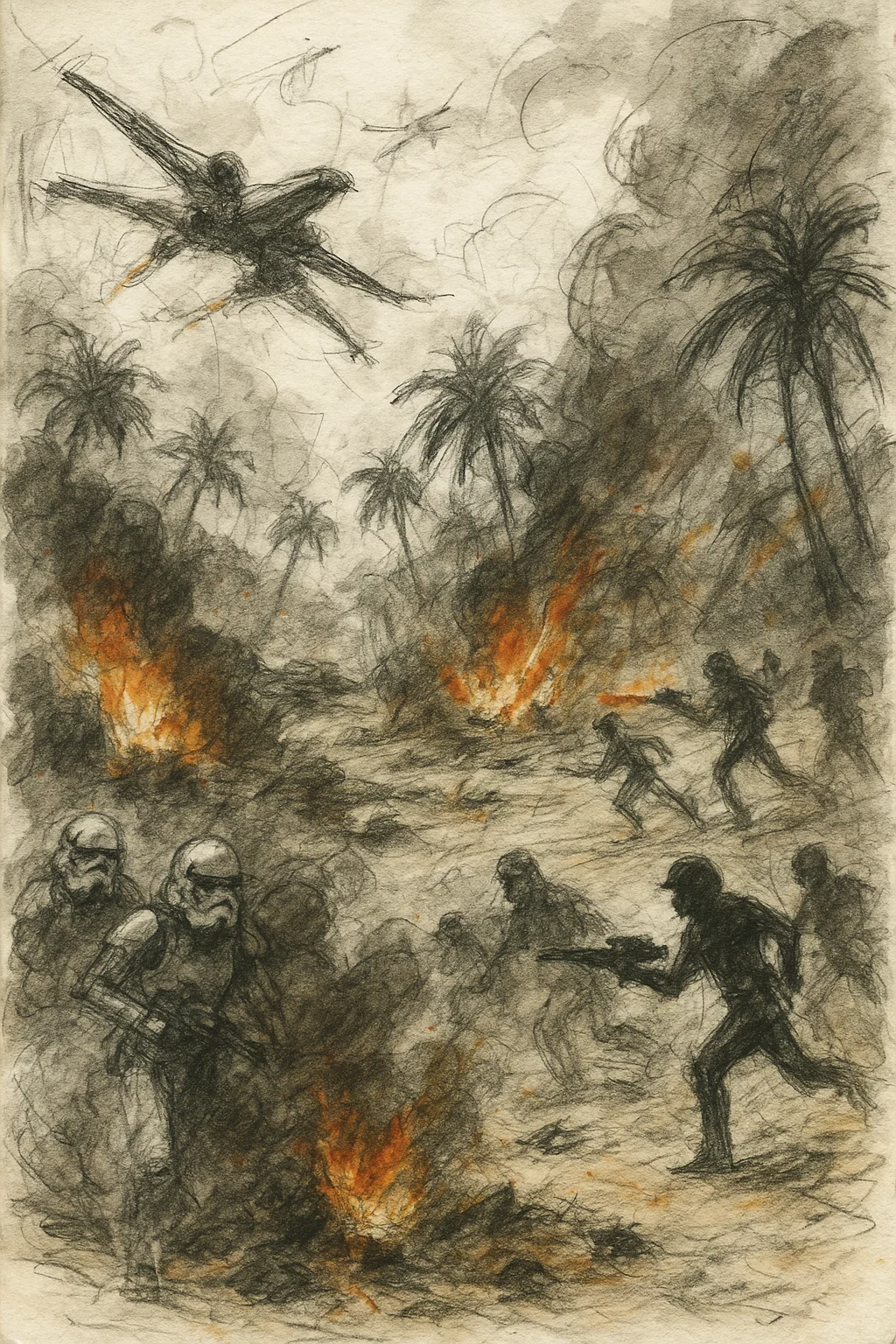 a panoramic expressive war sketch of the Battle of Scarif from Star Wars, drawn in loose chaotic pencil lines with rough ink washes and watercolor splashes, dusty tropical beach with burning debris, palm trees, crashing X-Wings, stormtroopers emerging from smoke, rebels charging forward with blasters, explosions rendered with dynamic orange smears, silhouettes and movement prioritized over detail, sketchbook journal style, no digital polish, raw and emotional battlefield composition, wide frame cinematic layout