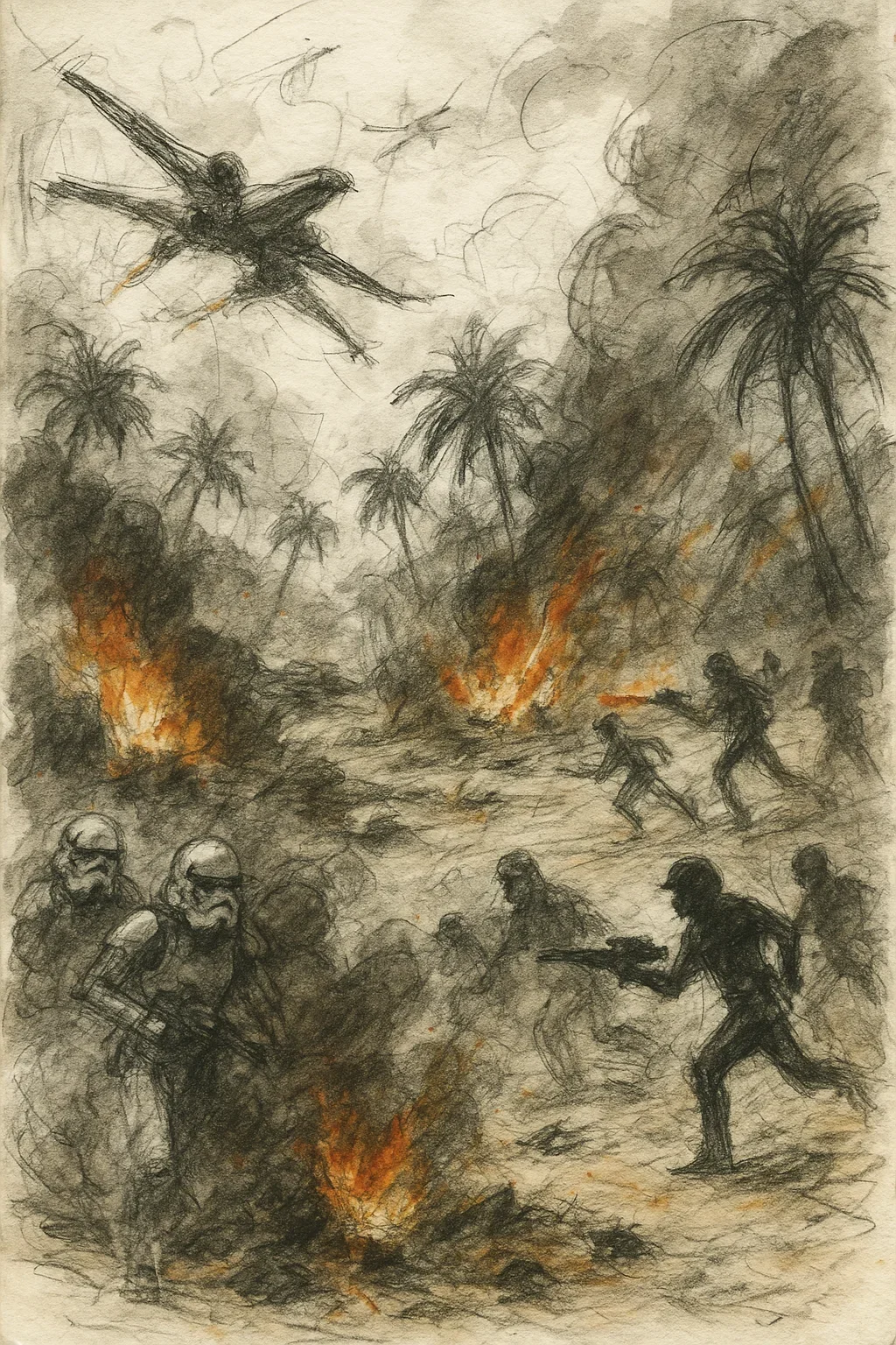 a panoramic expressive war sketch of the Battle of Scarif from Star Wars, drawn in loose chaotic pencil lines with rough ink washes and watercolor splashes, dusty tropical beach with burning debris, palm trees, crashing X-Wings, stormtroopers emerging from smoke, rebels charging forward with blasters, explosions rendered with dynamic orange smears, silhouettes and movement prioritized over detail, sketchbook journal style, no digital polish, raw and emotional battlefield composition, wide frame cinematic layout