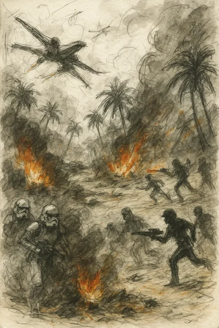 a panoramic expressive war sketch of the Battle of Scarif from Star Wars, drawn in loose chaotic pencil lines with rough ink washes and watercolor splashes, dusty tropical beach with burning debris, palm trees, crashing X-Wings, stormtroopers emerging from smoke, rebels charging forward with blasters, explosions rendered with dynamic orange smears, silhouettes and movement prioritized over detail, sketchbook journal style, no digital polish, raw and emotional battlefield composition, wide frame cinematic layout