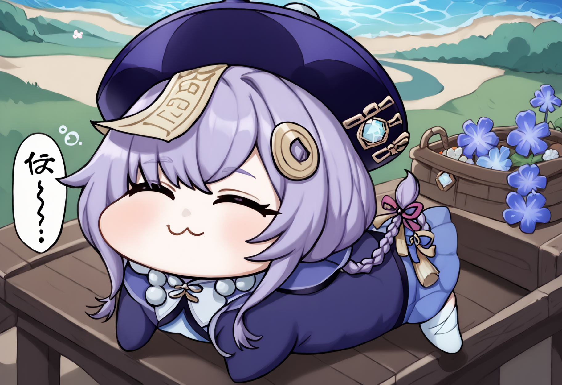 score_9, score_7_up, source_anime, uncensored, zPDXLxxx, <lora:intricate_details:1> intricate_details_xl, meadow, underwater, Saint Patrick's Day, fake cover, chibi inset, from above
<lora:Qiqi_Genshin_Impact_v1.0-000008:0.9> qiqi (genshin impact), Qiqi, 1girl, solo, qingdai guanmao, hat, purple hair, thighhighs, hair ornament, braid, beads, coin hair ornament, jiangshi, jewelry, ofuda, white thighhighs, necklace, bead necklace, long hair, long sleeves, single braid, purple headwear, dress, bandages, shorts, bandaged leg, chinese clothes, standing, braided ponytail, sleeping, spoken zzz, snoring, closed eyes,
<lora:Doro_X_PDXL_V1:0.95> doro, creature, chibi, no humans, four legs, lying,