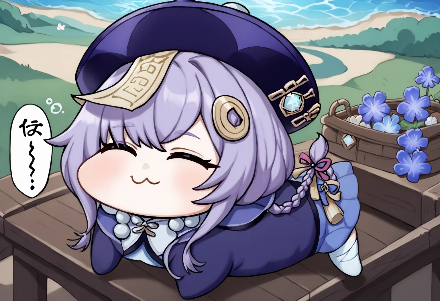 score_9, score_7_up, source_anime, uncensored, zPDXLxxx, <lora:intricate_details:1> intricate_details_xl, meadow, underwater, Saint Patrick's Day, fake cover, chibi inset, from above
<lora:Qiqi_Genshin_Impact_v1.0-000008:0.9> qiqi (genshin impact), Qiqi, 1girl, solo, qingdai guanmao, hat, purple hair, thighhighs, hair ornament, braid, beads, coin hair ornament, jiangshi, jewelry, ofuda, white thighhighs, necklace, bead necklace, long hair, long sleeves, single braid, purple headwear, dress, bandages, shorts, bandaged leg, chinese clothes, standing, braided ponytail, sleeping, spoken zzz, snoring, closed eyes,
<lora:Doro_X_PDXL_V1:0.95> doro, creature, chibi, no humans, four legs, lying,