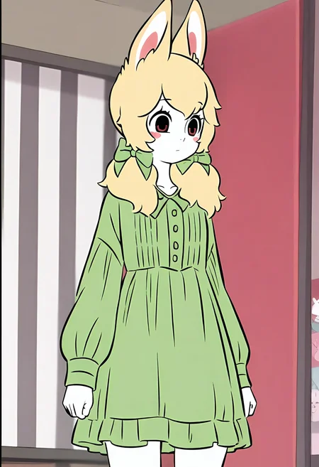 <lora:xiaoyu:1>,xiaoyu,1girl,solo,furry female,black eyes,red eyes,blonde hair,twintails,hair bow,animal ears,white skin,
green dress,dress,long sleeves,green bow,, masterpiece,best quality,amazing quality,absurdres, anime screenshot,