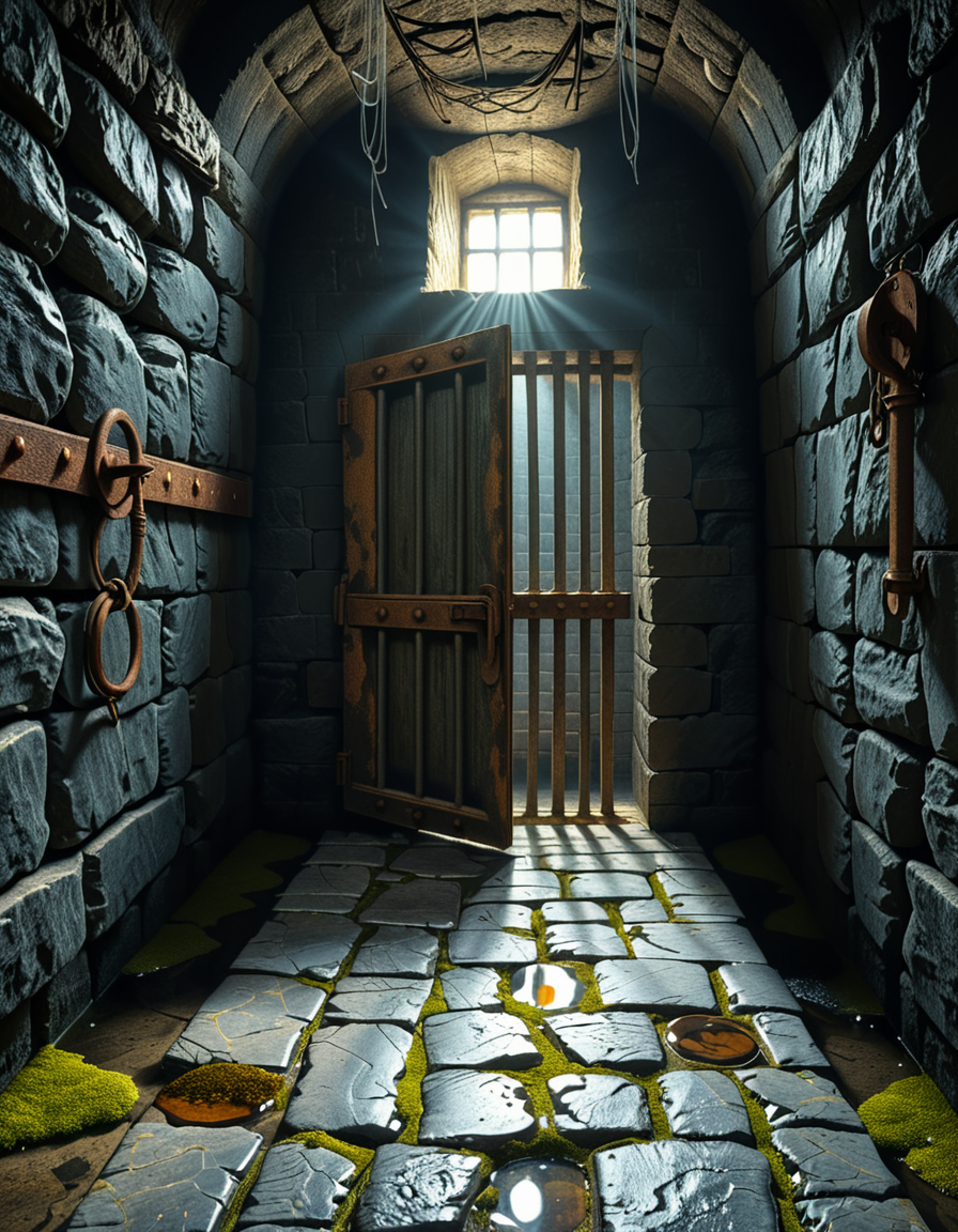 A highly detailed, hyper-realistic photograph of a dark medieval dungeon prison cell. The scene is dimly lit by a single flickering torch mounted on a damp stone wall, casting eerie shadows across the rough, moss-covered stones. Heavy, rusted iron bars form the cell door, slightly ajar, with visible corrosion and ancient padlocks. Inside the cell, there is a straw-covered floor, old wooden buckets, and a crude, splintered wooden bench against the back wall. Chains and manacles hang loosely from the walls, showing signs of long-term use. The atmosphere is cold, humid, and oppressive, with faint light rays piercing through tiny cracks in the stone ceiling. Cobwebs stretch across the corners of the cell, and faint water drips from above, creating small puddles. The overall mood is grim, desolate, and foreboding. Photorealistic style, with high dynamic range (HDR) lighting and extreme attention to textures like rust, moisture, and decay.
<lora:SDXLFaeTastic2400:0.4> <lora:extremely_detailed:0.4> extremely detailed,<lora:medieval_dungeon_pr1s0n_c3ll:1>,medieval dungeon pr1s0n c3ll, Masterpiece,best quality,hi res,8k,hi res,8k,award winning,(sharp focus, intricate, highly detailed),