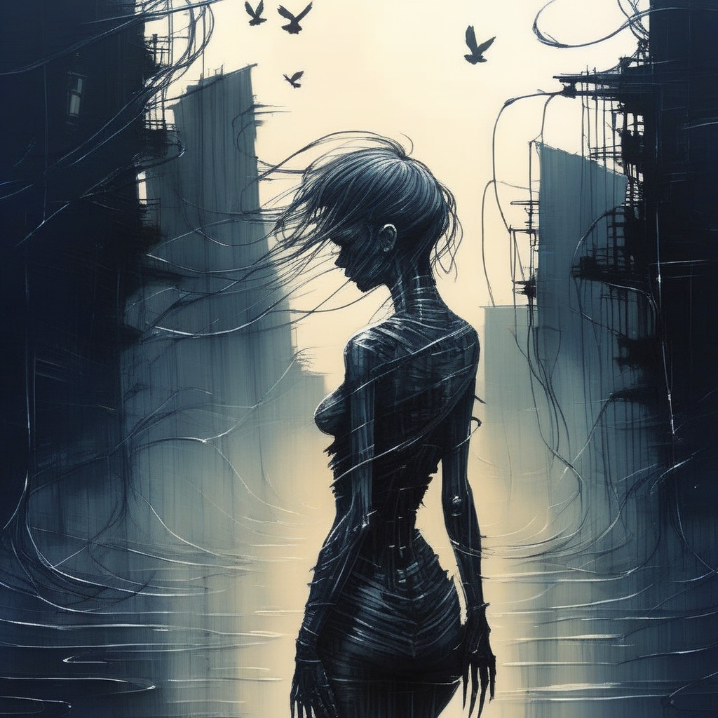 linquivera post-apocalyptic city, cyborg girl, dark atmosphere, birds <lora:linquivera:1.5>