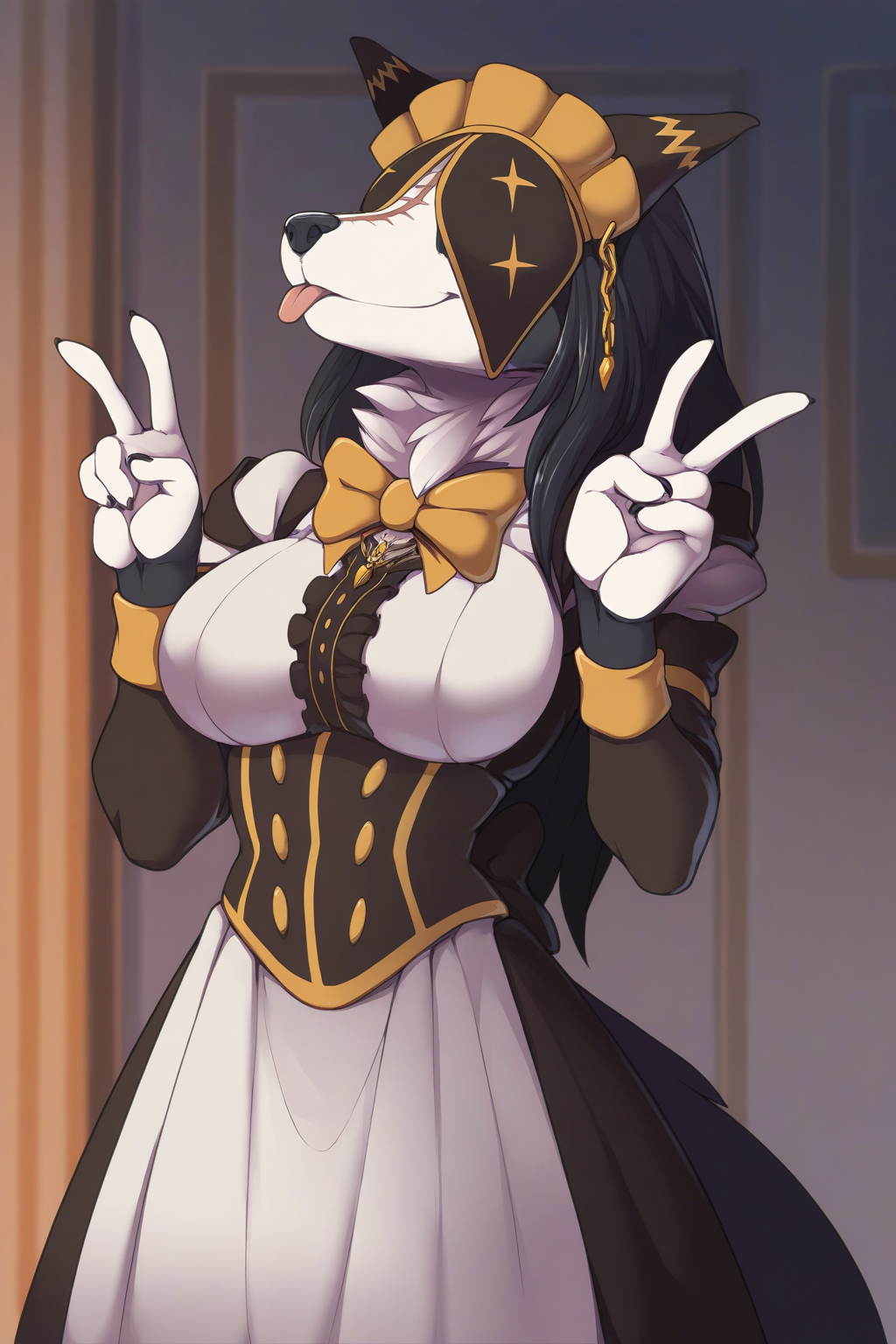 (masterpiece, best quality, absurdres, hires), pestonya, 1girl, solo, maid, dress, covered eyes, scar, headdress, neck tuft,black hair, long hair, double v, tongue out, (closed mouth), happy, furry female, anthro, detailed, long sleeves, bowtie,(artist:twinkle-sez:0.9), cowboy shot, indoors, detailed background, grey background, anime coloring, outlines,,