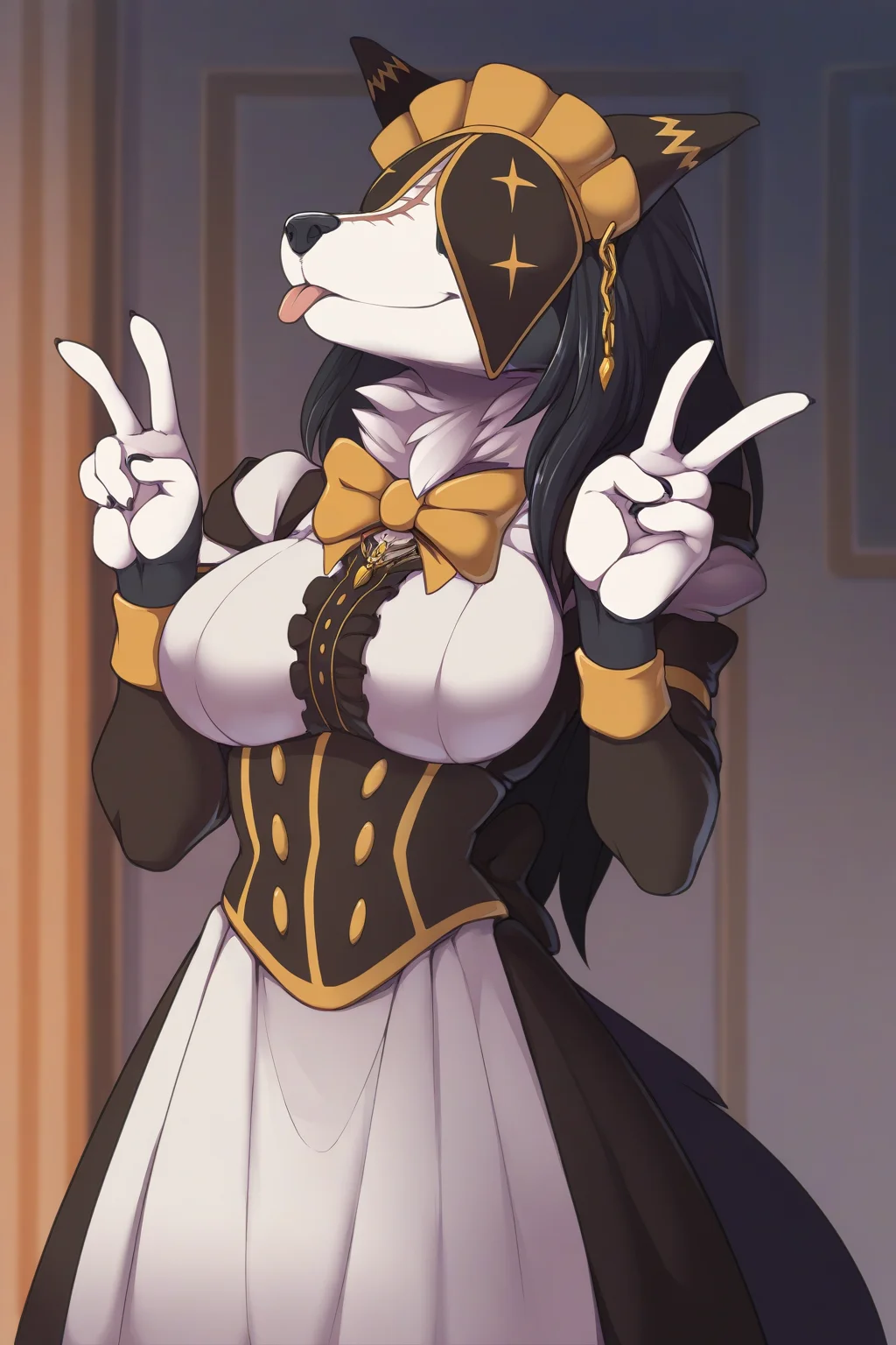(masterpiece, best quality, absurdres, hires), pestonya, 1girl, solo, maid, dress, covered eyes, scar, headdress, neck tuft,black hair, long hair, double v, tongue out, (closed mouth), happy, furry female, anthro, detailed, long sleeves, bowtie,(artist:twinkle-sez:0.9), cowboy shot, indoors, detailed background, grey background, anime coloring, outlines,,