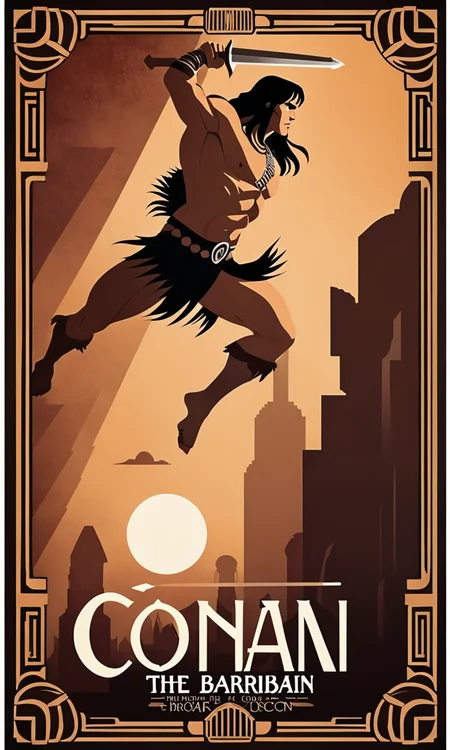 conan the barbarian, Text:" CONAN", <lora:artdecopostsdxl:0.7>, art deco style poster,