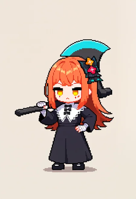 1girl, solo, pixel art, standing, :<, full body, (chibi:0.7), hand on own hip, weapon over shoulder, holding axe, <lora:PanetteFE-illu:1> casPanette, orange hair, long hair, hair bow, solid oval eyes, yellow eyes, facial mark, habit, black bowtie, long sleeves, bandaged hand, shoes, black footwear, shadow, simple background, masterpiece, best quality, good quality, newest