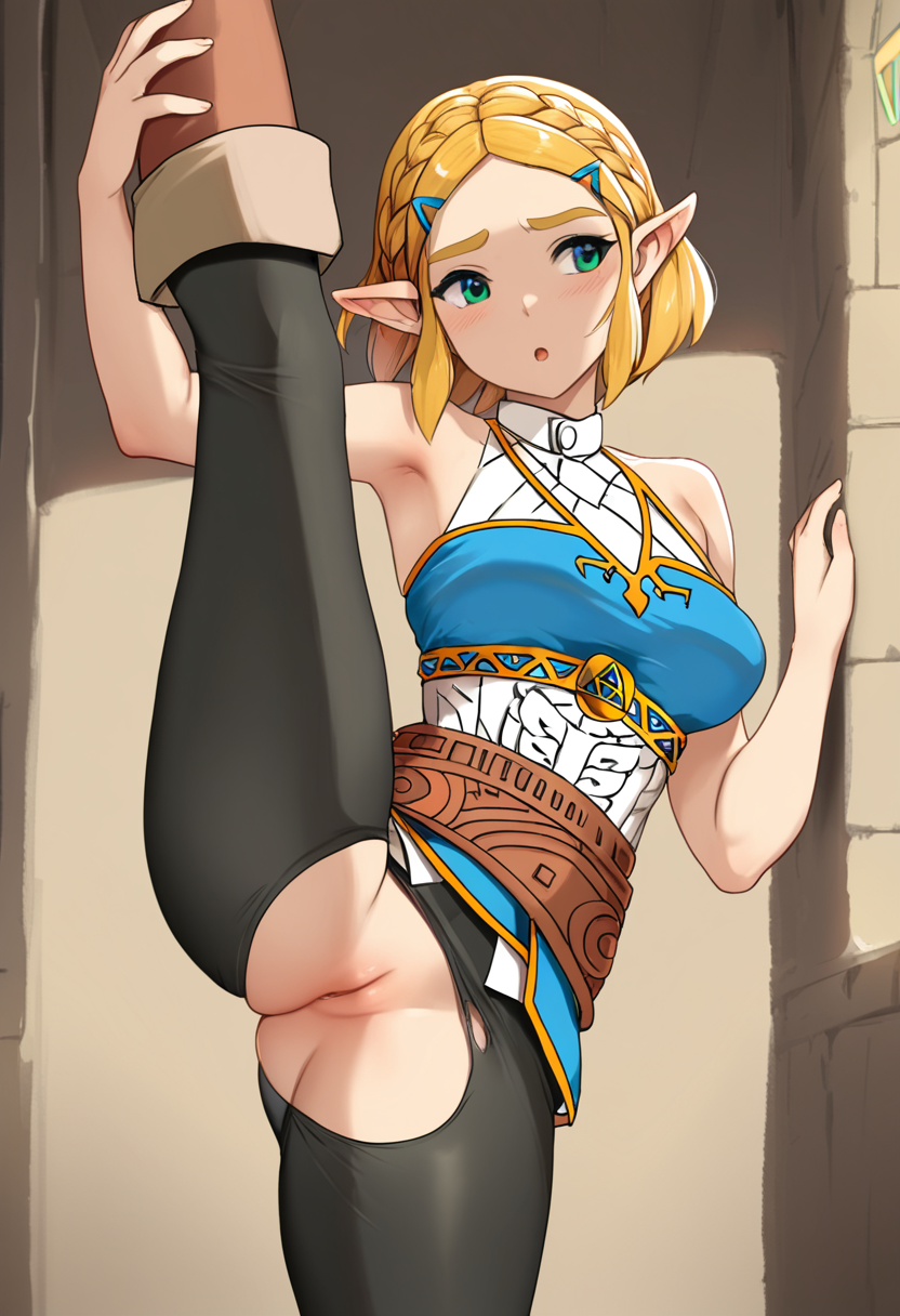 masterpiece, best quality, zelda, standing, indoors, leg lift, pussy slip