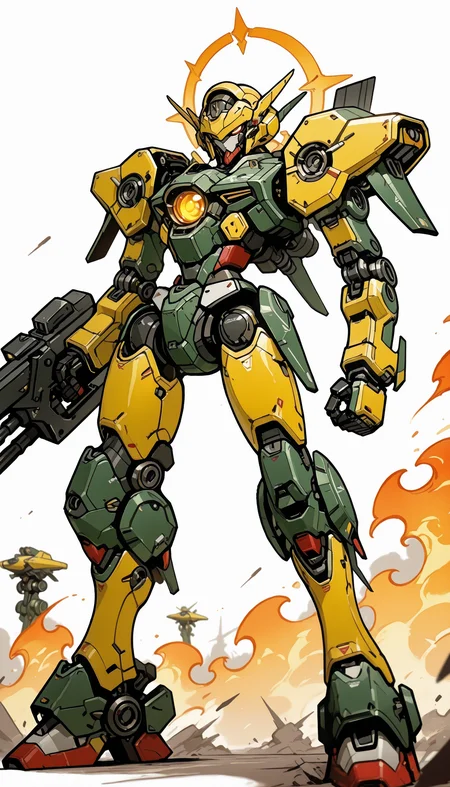 zzzemoji,, chibi masterpiece, best quality, good quality, very aesthetic, absurdres, newest, 8K, depth of field, focused subject, action, A detailed illustration of a futuristic armored figure, possibly a robot or a mech, in a dynamic pose. The figure is predominantly green with orange and red accents, including a prominent circular emblem on the chest. It wields a large, cylindrical weapon with a yellow and black patterned sling attached to its side. The weapon emits a bright orange flame, suggesting it might be firing. The character's armor is intricately designed with various mechanical components, including gears, turrets, and armor plates. The background is minimalistic, with a few abstract shapes and lines, emphasizing the figure as the main subject. The style of the illustration leans towards a fusion of science fiction and fantasy, with bold lines and a sense of movement. solo, white_background, holding, weapon, holding_weapon, gun, no_humans, traditional_media, robot, mecha, science_fiction, marker_\(medium\), arm_cannon, firing, machine_gun, gatling_gun, missile_pod, zzzemoji,, chibi