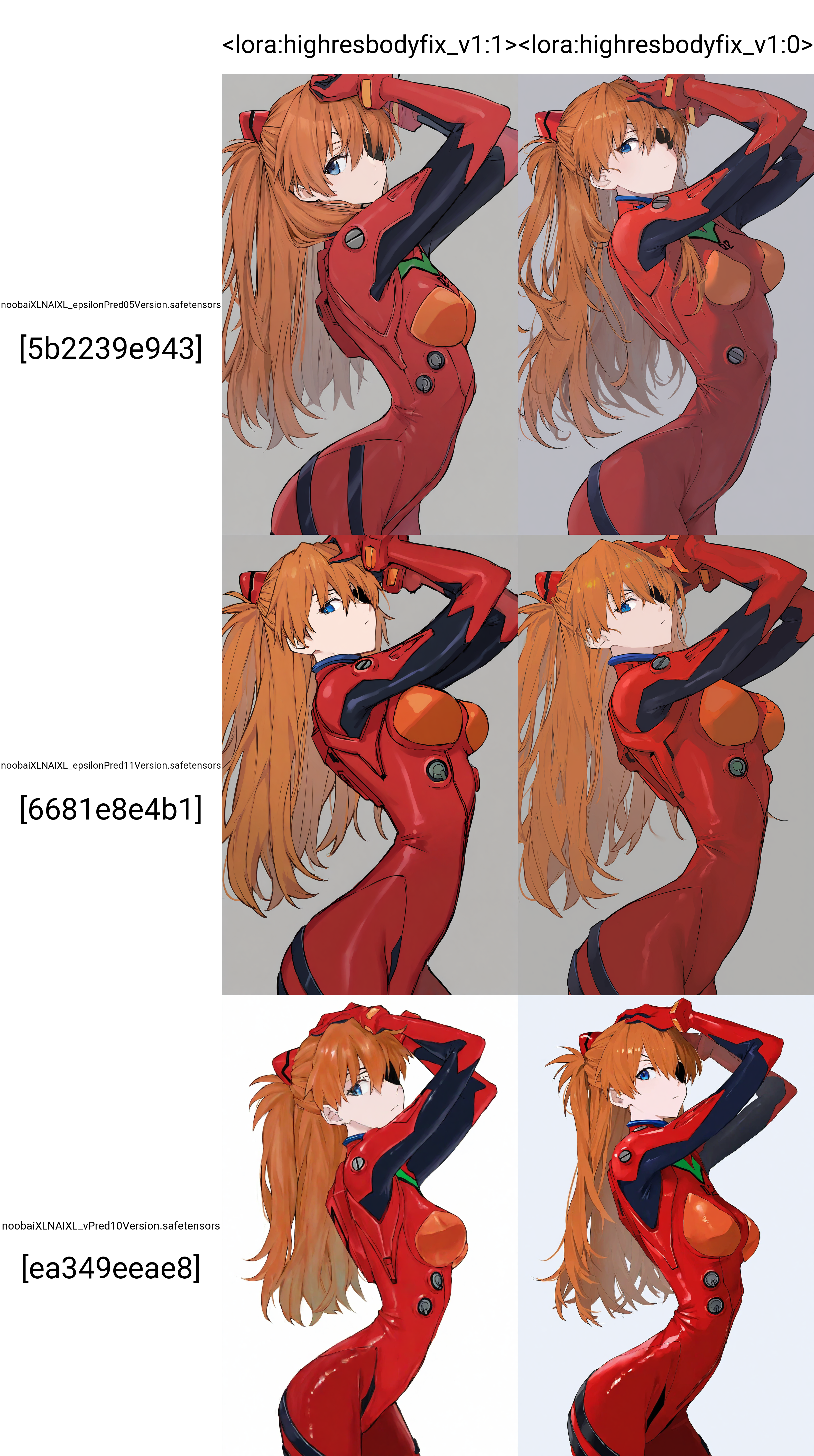 {souryuu asuka langley},1girl, arched back, arms up, blue eyes, bodysuit, breasts, closed mouth, expressionless, eyepatch, from side, gloves, hair ornament, long hair, looking at viewer, looking to the side, pilot suit, medium breasts, orange hair, plugsuit, red bodysuit, standing, red gloves, {{simple background}}, skin tight, solo, cowboy shot, simple background, grey background, very awa,masterpiece, highres, absurdres, year 2024, best quality <lora:highresbodyfix_v1:1>