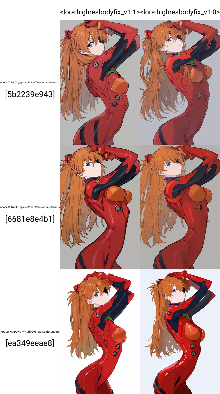 {souryuu asuka langley},1girl, arched back, arms up, blue eyes, bodysuit, breasts, closed mouth, expressionless, eyepatch, from side, gloves, hair ornament, long hair, looking at viewer, looking to the side, pilot suit, medium breasts, orange hair, plugsuit, red bodysuit, standing, red gloves, {{simple background}}, skin tight, solo, cowboy shot, simple background, grey background, very awa,masterpiece, highres, absurdres, year 2024, best quality <lora:highresbodyfix_v1:1>