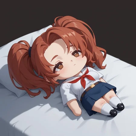 safe_pos, score_9, score_8_up,score_7_up <lora: Expressive_H:1>, expressiveh, elaborate eyes, beautiful, elaborate background, perfect eyes, expressive, 1 girl, visual novel character, sexy 20-year-old girl, solo,<lora: AlicePonyV1_close:0.8>, mi(short hair, red hair, two ponytails, shoulder-length ponytails, brown eyes, big breasts,), 1 girl, tsitsifallen, lying on her back, chibi, <laura:QiqiFallen_XLPD: 1.2>, White shirt, Plain red neckerchief, Blue skirt, Belt, White socks, Black Shoes,