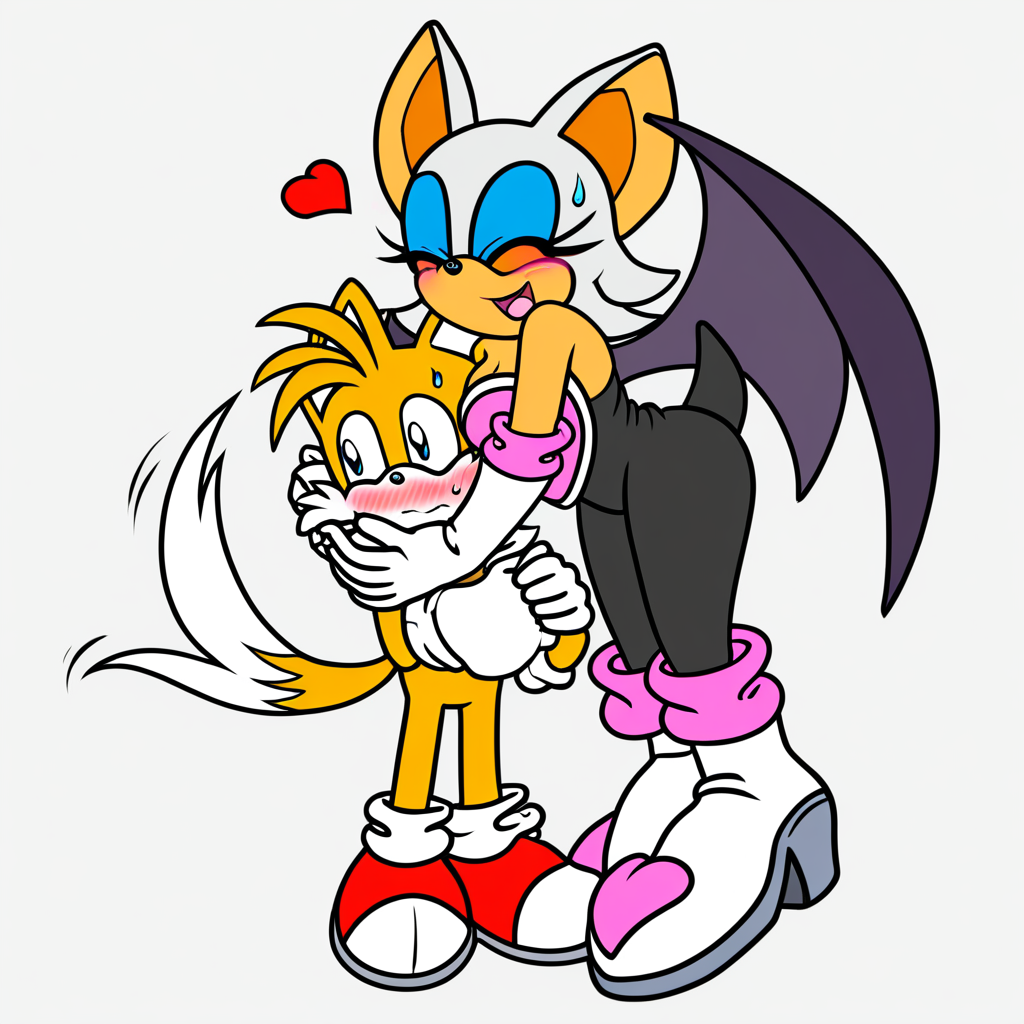 rouge the bat, miles prower, 1girl, breasts, blush, smile, short hair, open mouth, hug, simple background, gloves, 1boy, white background, animal ears, bare shoulders, medium breasts, closed mouth, standing, tail, full body, closed eyes, white hair, hetero, heart, boots, one eye closed, happy, cute, height difference, white gloves, sweatdrop, bodysuit, cowboy shot, height difference,embarrassed