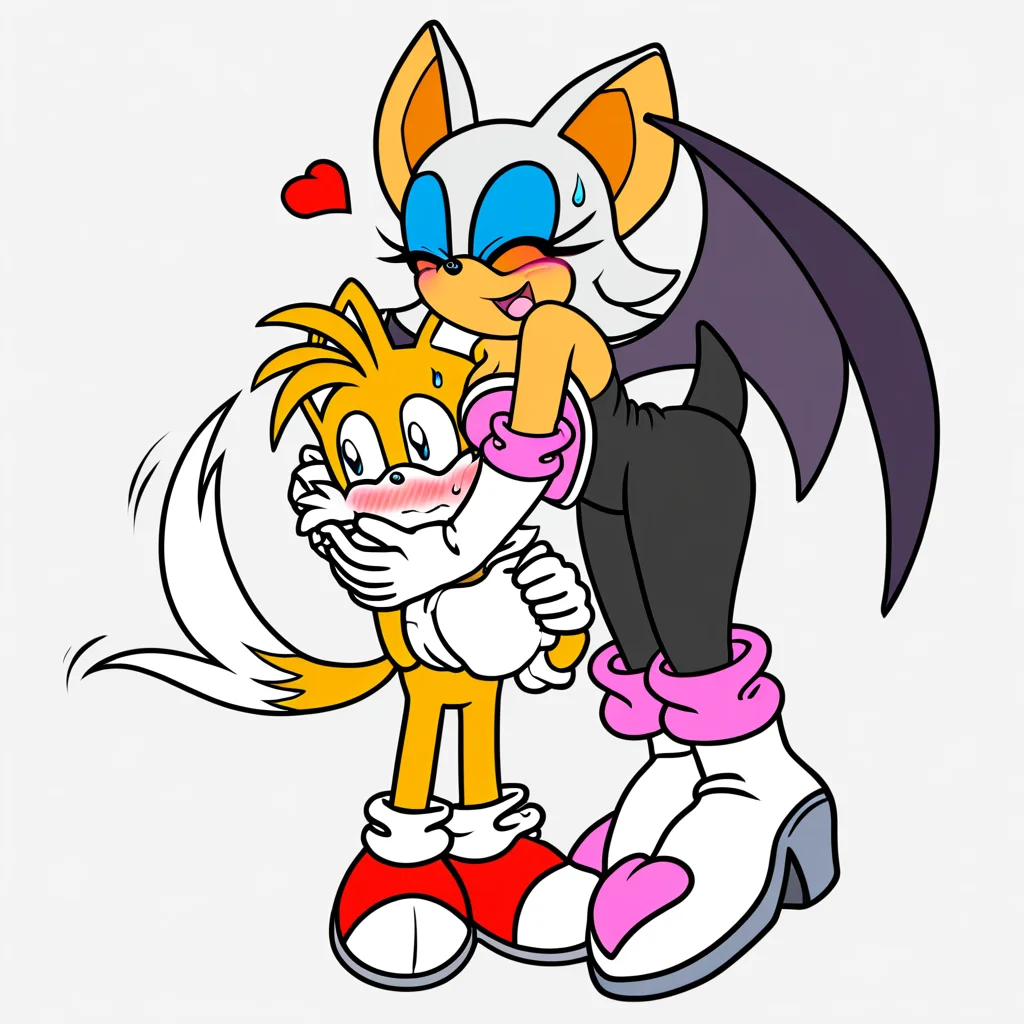 rouge the bat, miles prower, 1girl, breasts, blush, smile, short hair, open mouth, hug, simple background, gloves, 1boy, white background, animal ears, bare shoulders, medium breasts, closed mouth, standing, tail, full body, closed eyes, white hair, hetero, heart, boots, one eye closed, happy, cute, height difference, white gloves, sweatdrop, bodysuit, cowboy shot, height difference,embarrassed