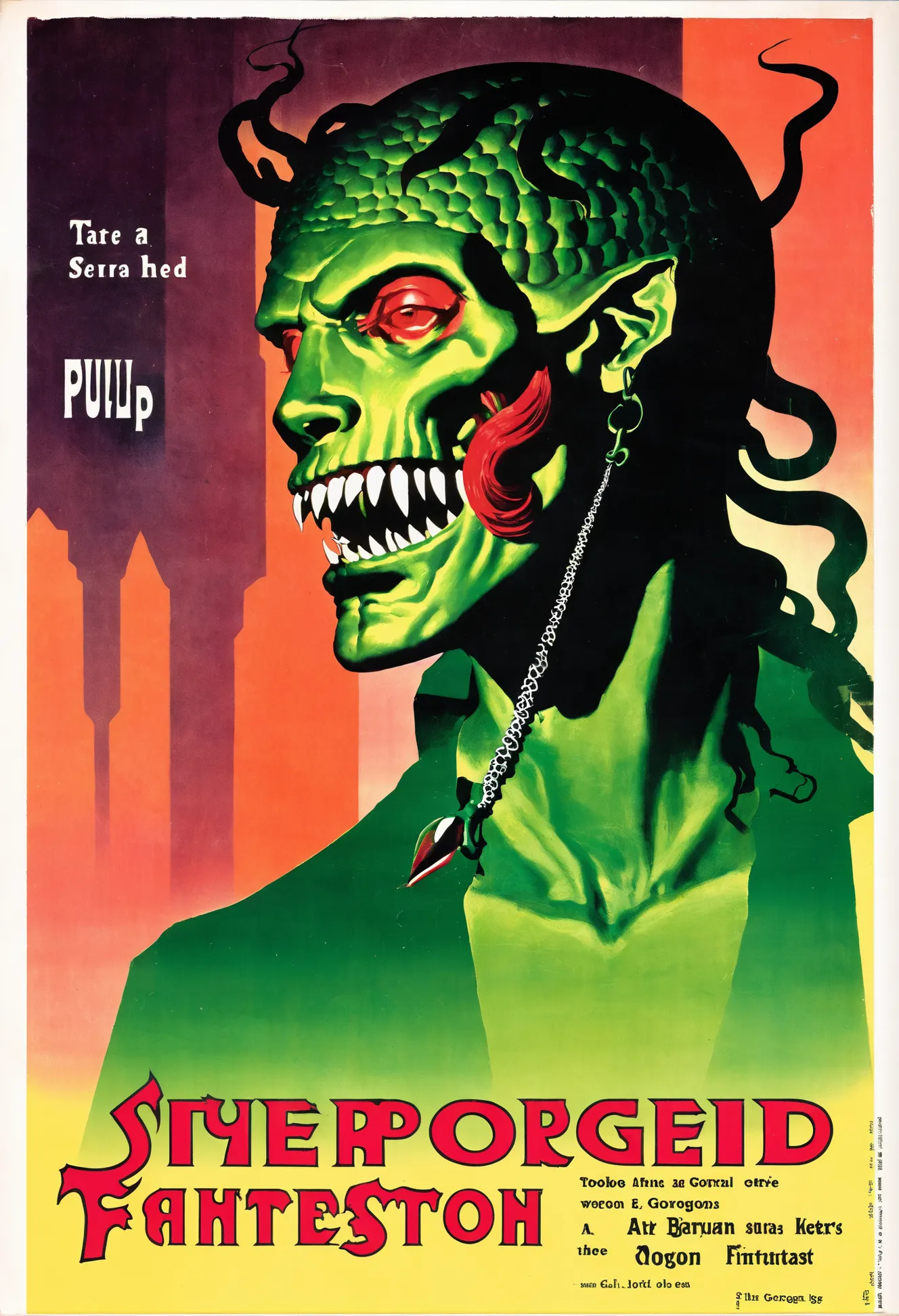 pulp fantasy art, severed head,gorgon, <lora:EnvyPulpFantasyXL01:1:1:lbw=ALL>