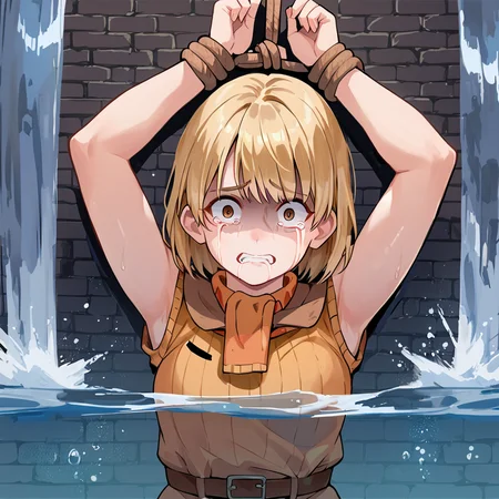 score_9, score_8_up, score_7_up, score_6_up, score_5_up, score_4_up, 1girl, <lora:water_torture:1>bound, water, arms up, ashley_graham, scared, shaded face, worried, tears,