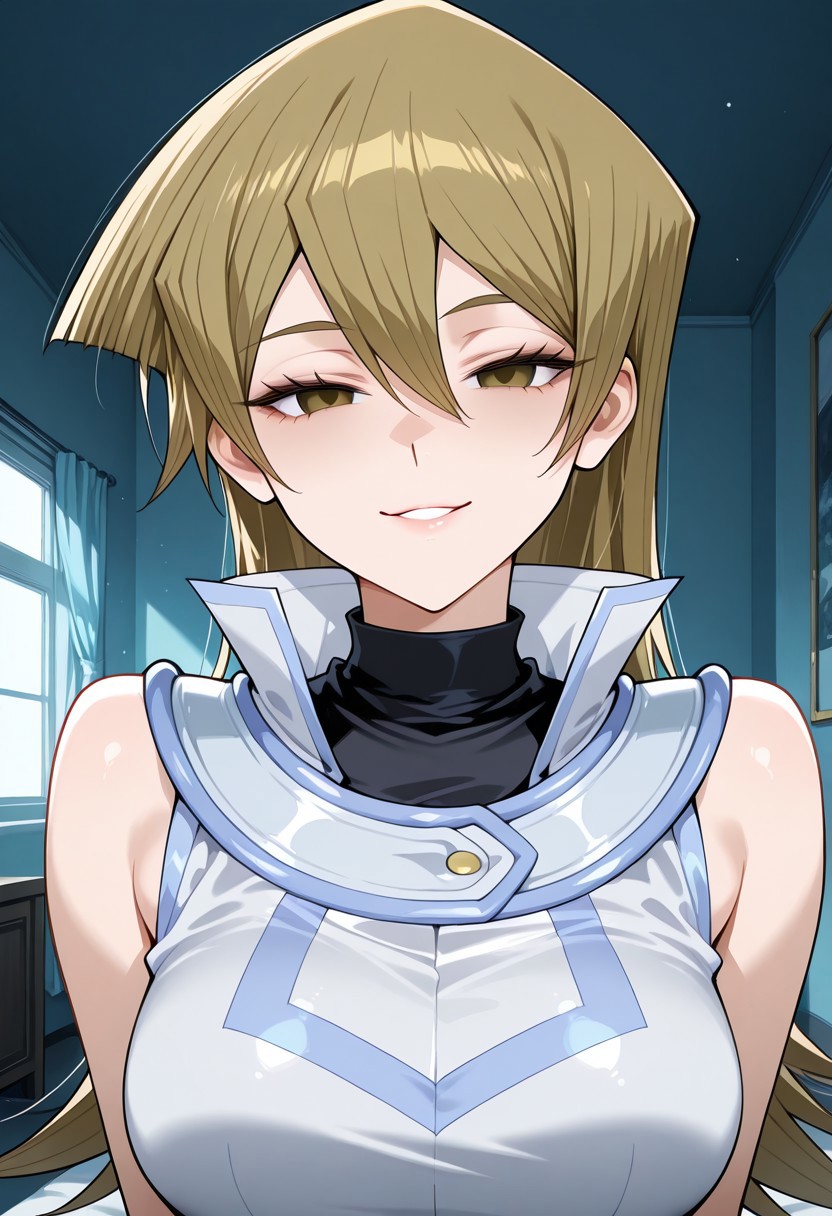 Society of light, tenjouin asuka, 1girl, solo, empty eyes, half closed eyes, seductive smile, aroused, indoors, seducing viewer into joining cult, pupils