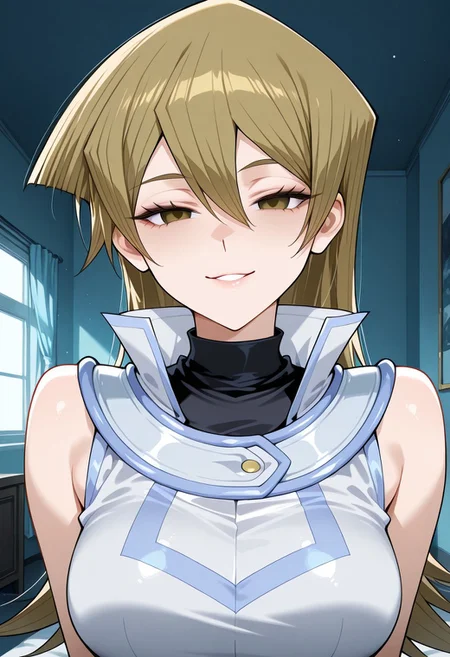 Society of light, tenjouin asuka, 1girl, solo, empty eyes, half closed eyes, seductive smile, aroused, indoors, seducing viewer into joining cult, pupils