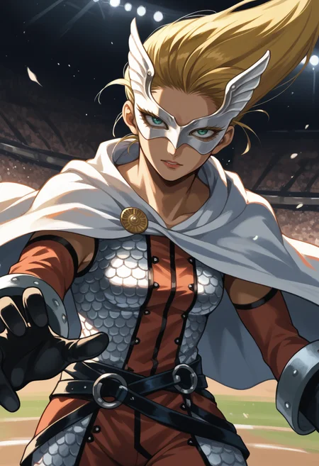 score_9, score_8_up, score_7_up, source_anime BREAK 1girl, solo, cowboy shot, arena, dynamic pose, looking at viewer
<lora:zs_ValkyrieXL:1> valkyriesmt, blonde hair, long hair, aqua eyes, mask, armor, brown pants, white cape, gloves, medium breasts