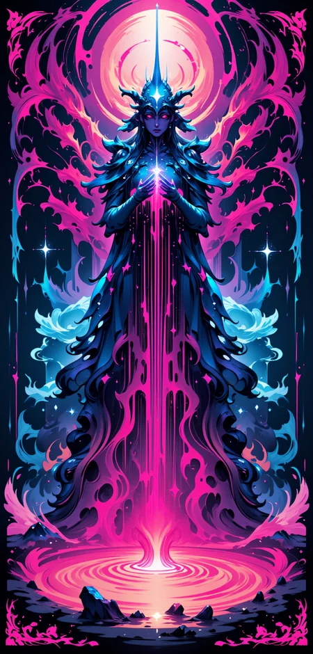 "A stylized Tarot card titled 'The Dreamweaver,' featuring an enigmatic figure who appears to be weaving the fabric of reality itself. The Dreamweaverâs hands move gracefully, pulling threads of light and shadow from the air, creating intricate patterns that ripple outward like waves. Their face is partially obscured by a veil of stardust, and their body seems to dissolve into the swirling energy around them. The background is a surreal mix of vibrant, technetic colors and soft, dreamlike textures, evoking a sense of otherworldly beauty and hidden depths. The cardâs border is adorned with fluid, flowing designs that merge organic shapes with geometric precision, glowing softly in hues of pink and indigo."
<lora:abstract_render_flux:0.4>,<lora:Painted_World_Flux:0.8>,<lora:Dreamwave_FLUX:0.6>,<lora:dreamlands_flux:0.6>,